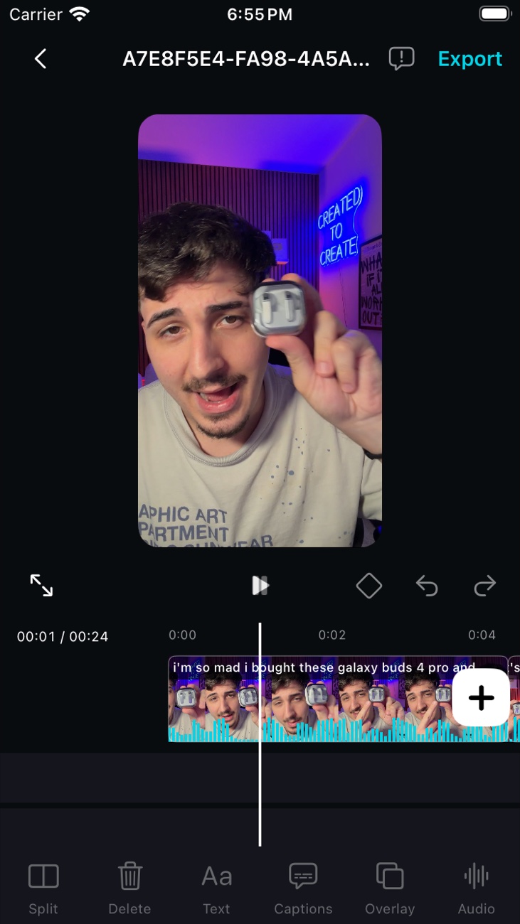 VEDIT's editor showing a headphone video, playback controls, and a compact timeline