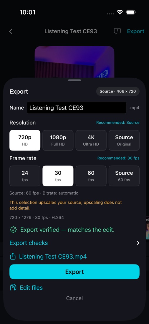 VEDIT export sheet with an editable video name, resolution choices, frame rates, and an export verification message